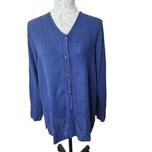 Flax Tunic Top Blue Linen Long Sleeve Lagenlook Coastal Women's Small